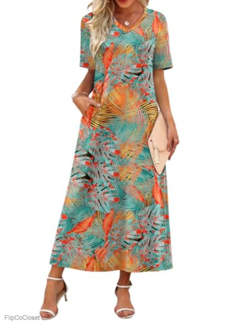 V-Neck Floral Maxi Dress Short Sleeve Flowy Sundress for Women